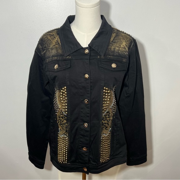 Vintage 90's Luxe Moda Black Studded Jean Jacket -- M - Picture 2 of 11